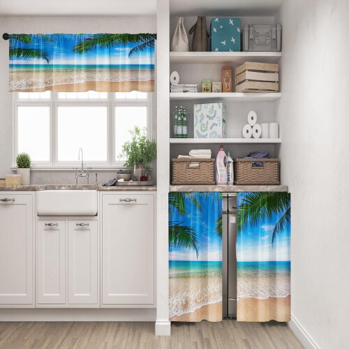 Σετ κουρτινών κουζίνας και βαλάντων Tropical Palm Beach, κοντό επίπεδο Blue Ocean 36", για μικρή 1