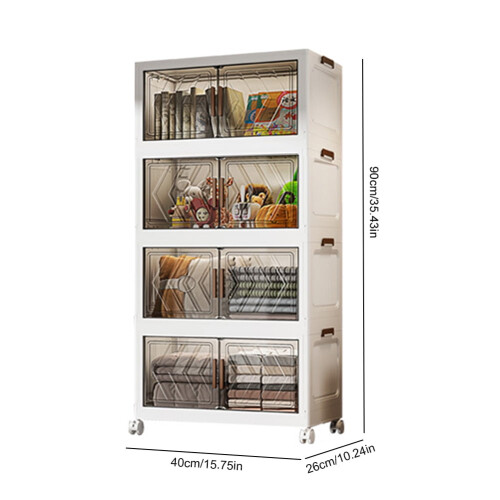 4-Tier Stackable Storage Bins with Doors, Wheels & Foldable Design – Clear Plastic Closet Organizers (Compatible with Home/Office) 1
