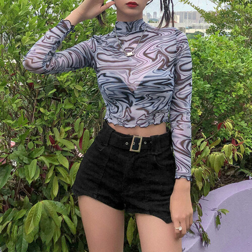 Εφαρμοστό Crop Top με Γραφική Τύπα, Διαφανή Tops για Γυναικεία Μακρυμάνικα, Ψεύτικη 2