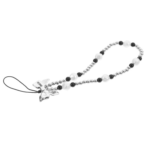 3Pcs Bowknot Phone Wrist Strap Silver Beaded Charm Decorative Lanyard 2