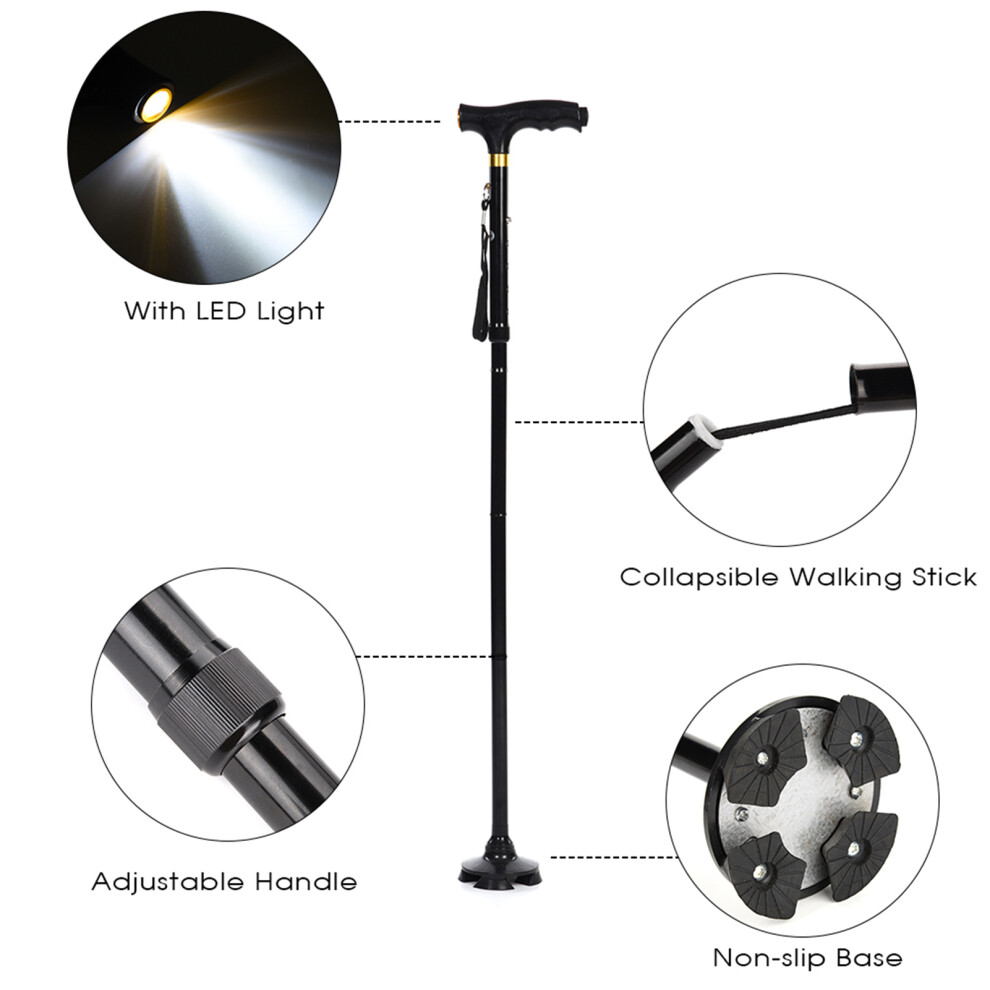 Aluminum Alloy Foldable Walking Cane with LED Light, Black, 89.5-99.5cm