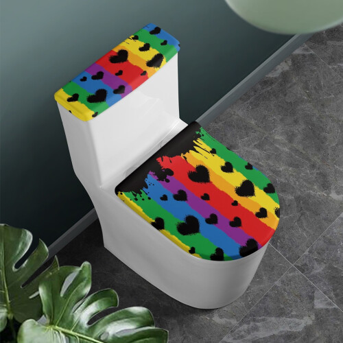 Σετ καλύμματος τουαλέτας μπάνιου Rainbow Heart Keep Dust Stain, ελαστικό για μοντέρνα μπάνια 2