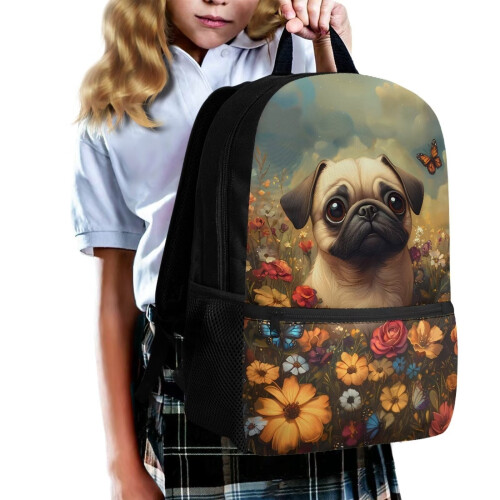 Παιδικό σακίδιο πλάτης Flowers Pug 17" με πλαϊνή τσέπη από διχτυωτό ύφασμα – Casual τσάντα 1