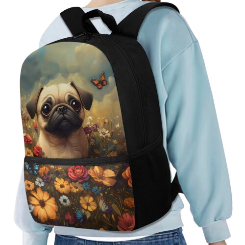 Παιδικό σακίδιο πλάτης Flowers Pug 17" με πλαϊνή τσέπη από διχτυωτό ύφασμα – Casual τσάντα 2