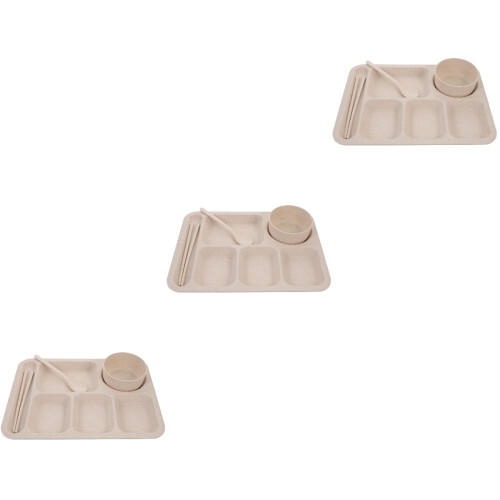 3Sets Straw Section Plates Beige Unbreakable Kids Dinner Set