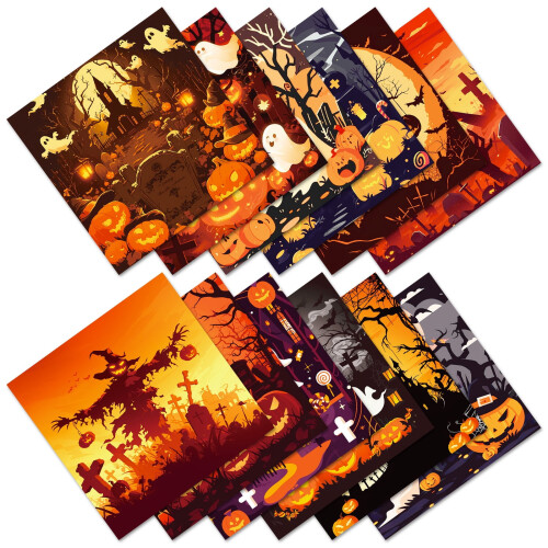 24 φύλλα σετ χαρτιών με σχέδια για το Halloween 6"x6" – αράχνη, κολοκύθα, νυχτερίδα, 1