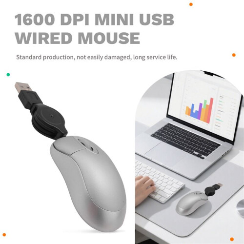 USB Wired Mouse Retractable Cable Tiny Small Mouse 1600 DPI Optical Compact Travel Mice for Windows 98 2000 XP Vista Ve (Silver) 2
