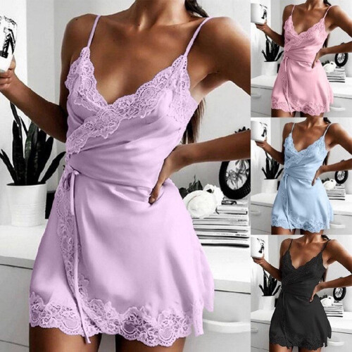 Κομψά Νυχτικά για Γυναικεία Σέξι Babydoll Εσώρουχα Φόρεμα από Μεταξωτό Σατέν με Βαθύ 2