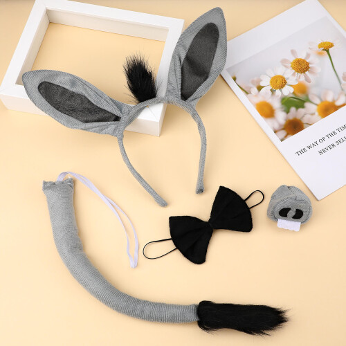 2Ensembles Ensemble Costume Âne Gris Tissu Accessoires Queue Nez 2