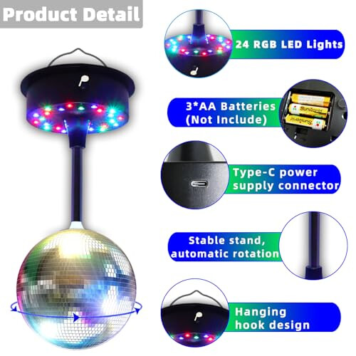 6'' Mirror Disco Ball with 24 LEDs 5-9 RPM Adjustable Rotating Motor Base 1