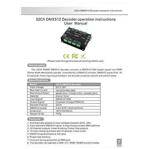 32 Channel 96A RGBW DMX 512 LED Decoder Controller DMX Dimmer DC5-24V RGBW 1