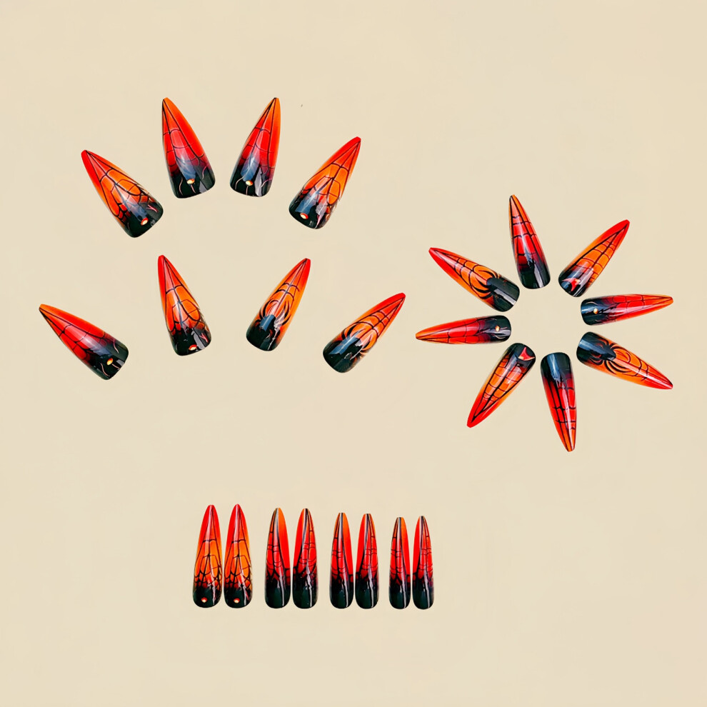 Zhouq-Outdoors 24Pcs Halloween Red Spider Web Press On Nails W/Glue
