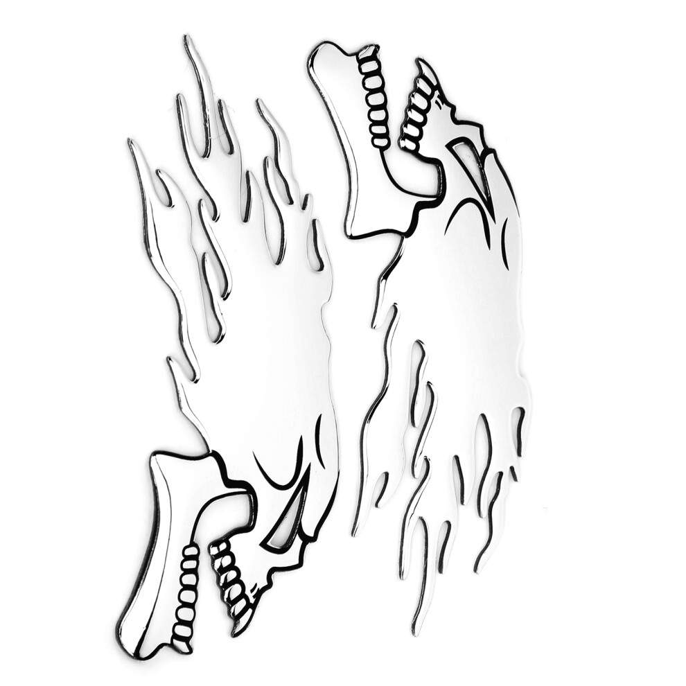 Motorcycle Fuel Tank Decal 2Pcs 3D Flame Skull Stickers Universal Fit Silver 9461391719741