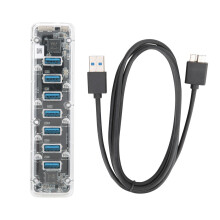 Compact Usb Hub with Safe Charging for Desktops, 7-Port Transparent Pc Material Type-A with5Gbps Transmission and Dual Power Supply Port