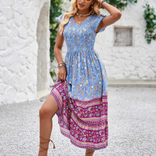 Damen Blumenmuster V-Ausschnitt Sommerkleid mit Cap-Ärmeln Haze Blau XL