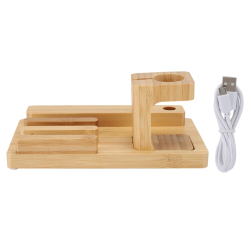 Eco Friendly Bamboo Wood Desktop Charging Dock, Space Saving Multi-Device Wireless Charger Cradle Stand With Smooth Surface