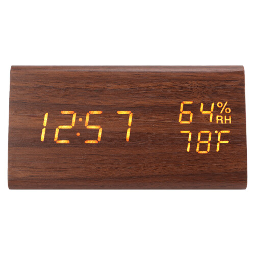 Modern LED Alarm Clock With Wooden Structure, Triangular Wood Shape Digital Time Display With12/24Hour Format Adjustable Brightness Sound 1