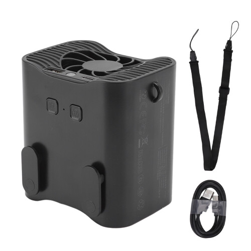 Ventilatore ricaricabile con clip da cintura, power bank e luce LED.