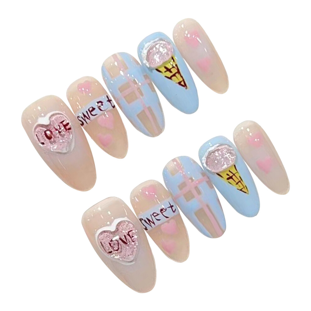 Penghui-Toys (M) Pink Blue Short Almond Stick On Nails No Bad Smell Environmentally Friendly For Women And Girl Nail Salon