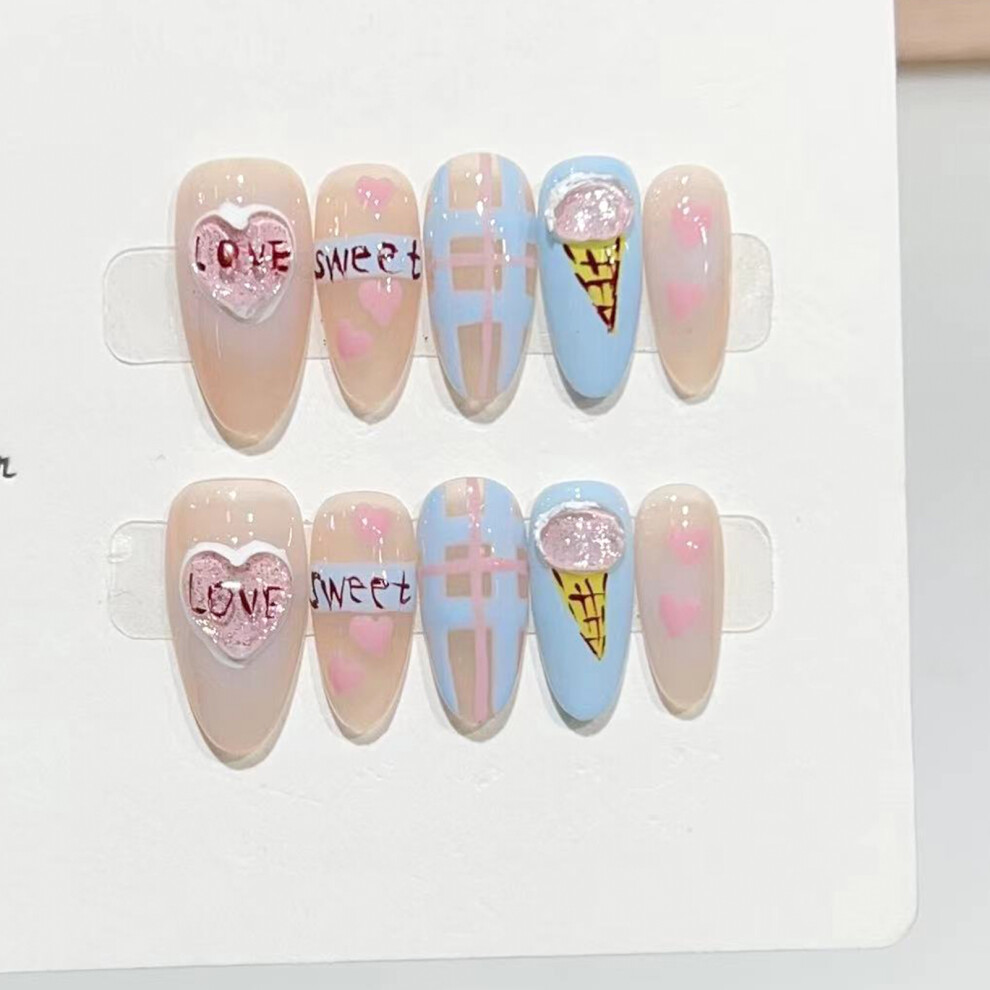 Penghui-Toys Pink/Blue (S) Short Almond Stick On Nails No Bad Smell Environmentally Friendly For Women And Girl Nail Salon