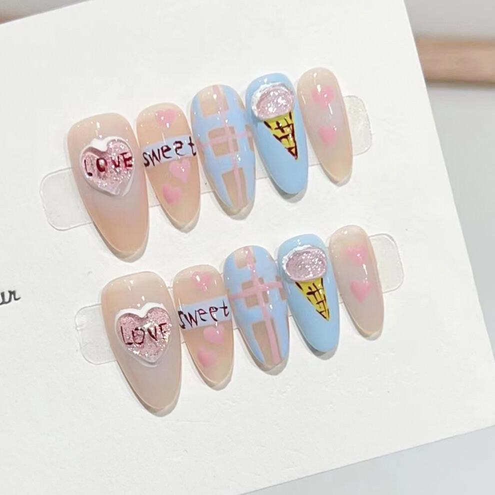 Penghui-Toys Pink/Blue (Xs) Short Almond Stick On Nails No Bad Smell Environmentally Friendly For Women And Girl Nail Salon