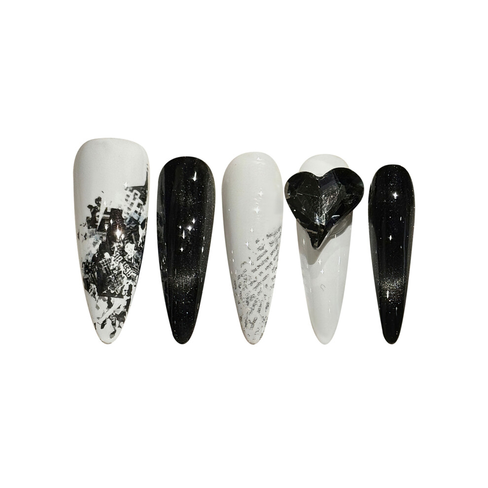 Bright-Home (M) Black White False Nails With Flash Glitter Lightweight And Easy To Stick Fake Nail For Daily And Parties Wearing