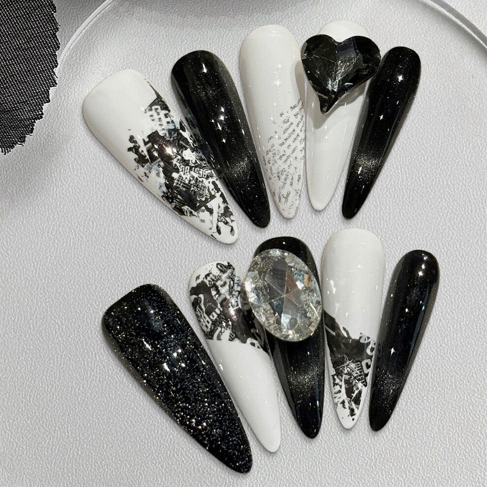Bright-Home (Xs) Black White False Nails With Flash Glitter Lightweight And Easy To Stick Fake Nail For Daily And Parties Wearing