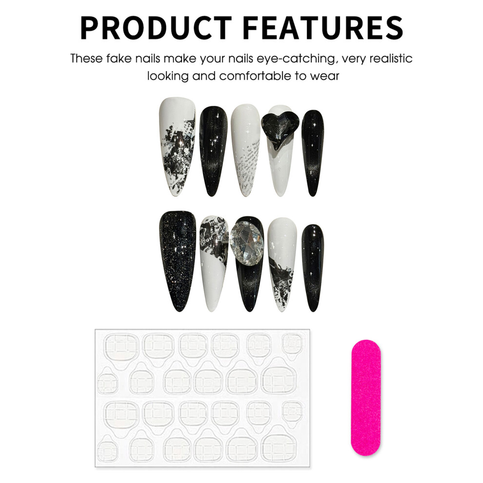Bright-Home (L) Black White False Nails With Flash Glitter Lightweight And Easy To Stick Fake Nail For Daily And Parties Wearing