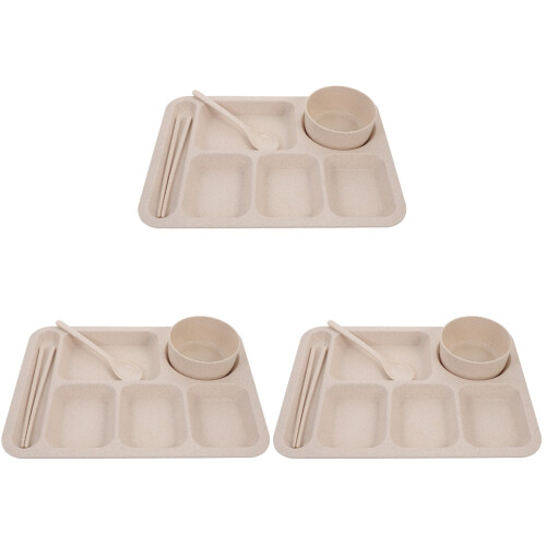 3Sets Straw Section Plates Beige Unbreakable Kids Dinner Set 1