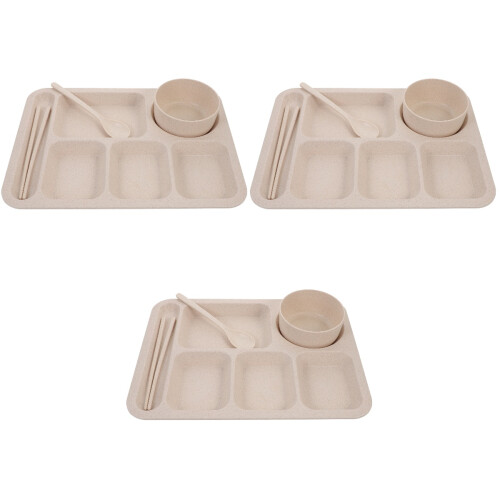 3Sets Straw Section Plates Beige Unbreakable Kids Dinner Set 2