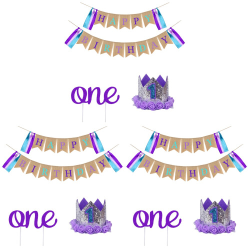 3Sets Colorful Pull Flag Birthday Hat Cake Topper Party Decoration Set 2