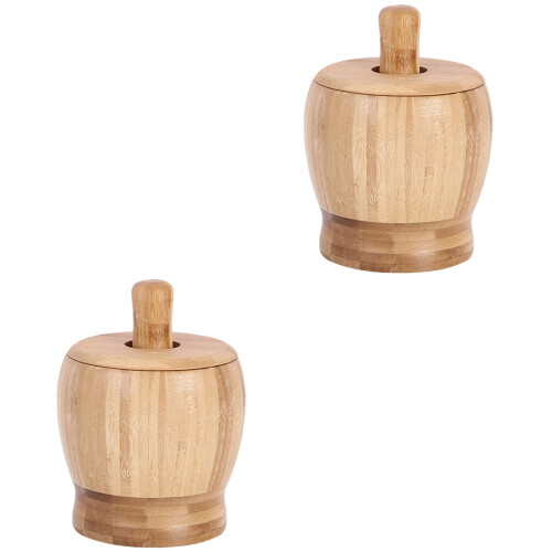2Pièces Mortier Pilon Bois Clair Ail Pour Usage Culinaire 2