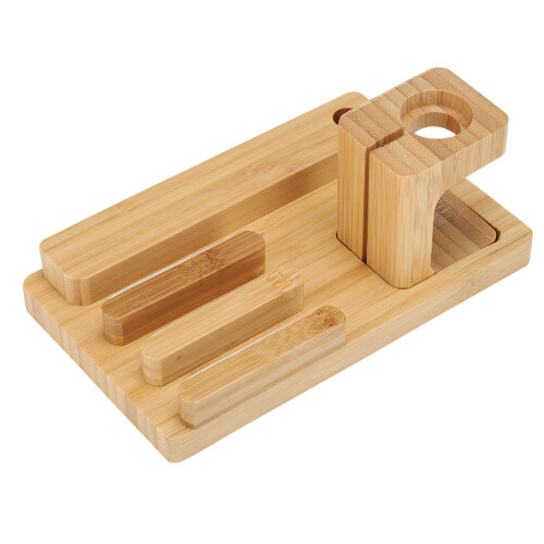 Eco Friendly Bamboo Wood Desktop Charging Dock, Space Saving Multi-Device Wireless Charger Cradle Stand With Smooth Surface 1