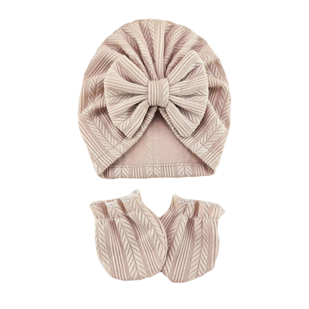 (Hat Gloves, Khaki) Baby Girl Hat Set, Elegant Sweet Bow Soft Turban Hat with Socks/Headband/Gloves Newborn Present