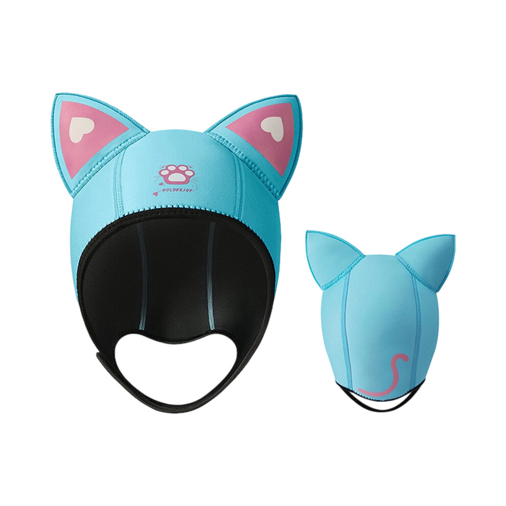 Blue (S, Sky ) Cat Ear Outdoor Diving Cap Adjustable Thermal Insulated Swim Headgear Cute Waterproof Swim Hat For Snorkeling Beach