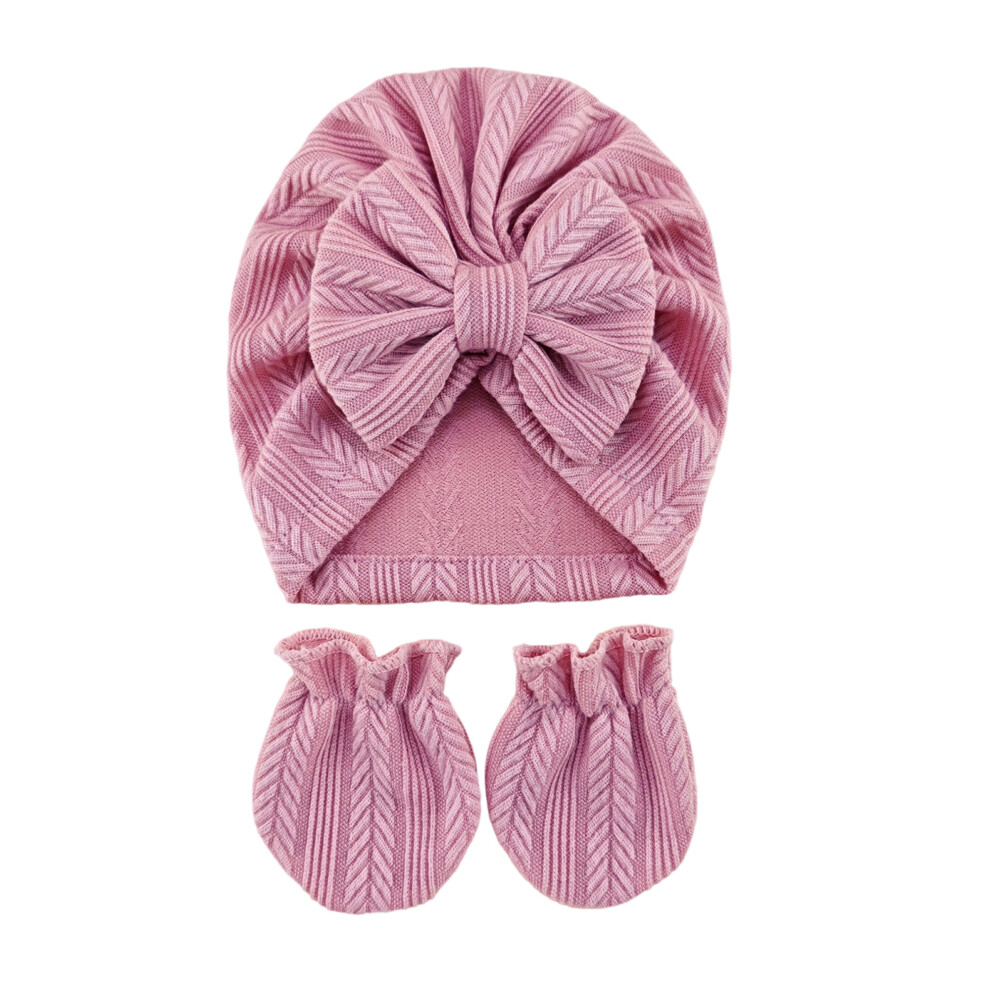 Pink (Hat Gloves, Dark ) Baby Girl Hat Set, Elegant Sweet Bow Soft Turban Hat With Socks/Headband/Gloves Newborn Present