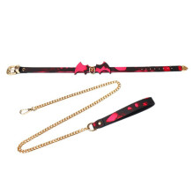 (One Size, Black) Women's Collar with Detachable Leash Chain Set Temperature Sensitive PU Leather Bat Decor BDSM Choker