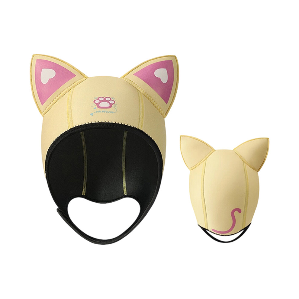Yellow (S, ) Cat Ear Outdoor Diving Cap Adjustable Thermal Insulated Swim Headgear Cute Waterproof Swim Hat For Snorkeling Beach