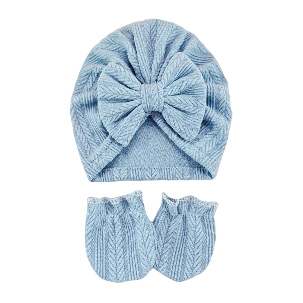 Blue (Hat Gloves, Dark ) Baby Girl Hat Set, Elegant Sweet Bow Soft Turban Hat With Socks/Headband/Gloves Newborn Present