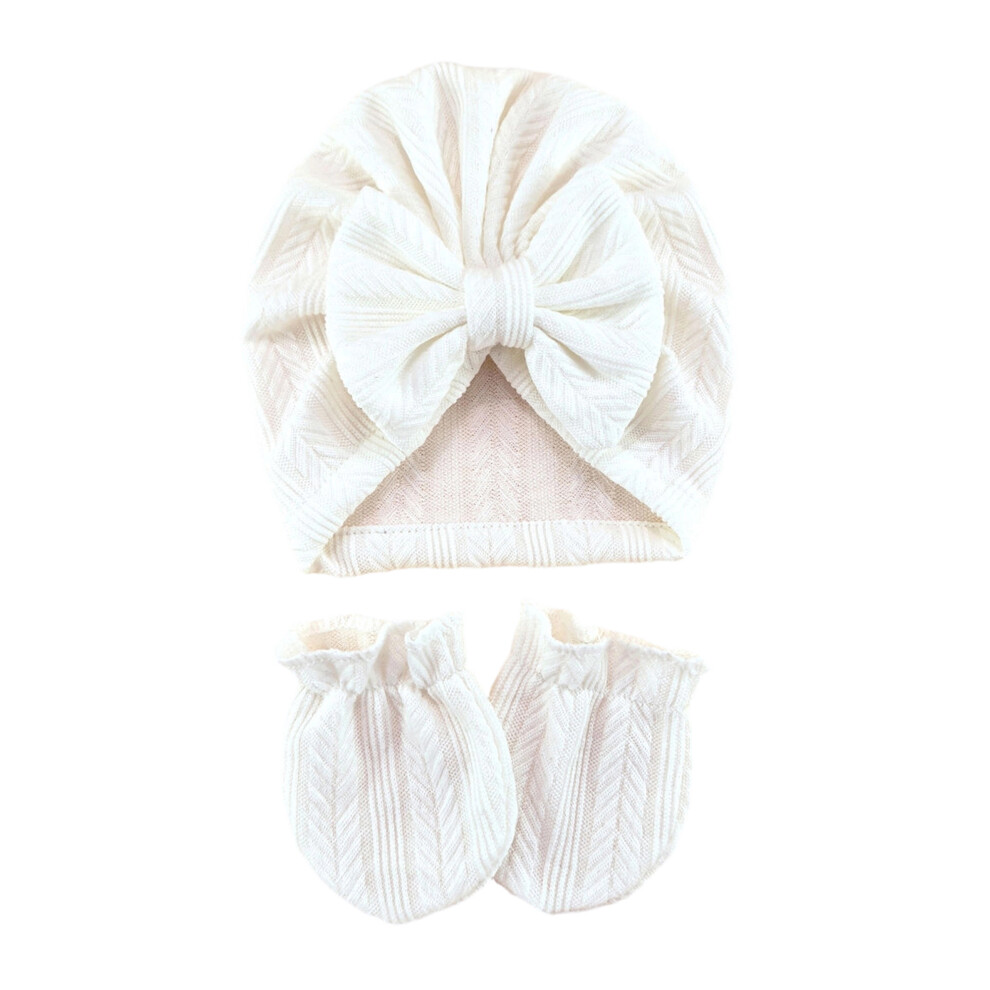 White (Hat Gloves, ) Baby Girl Hat Set, Elegant Sweet Bow Soft Turban Hat With Socks/Headband/Gloves Newborn Present