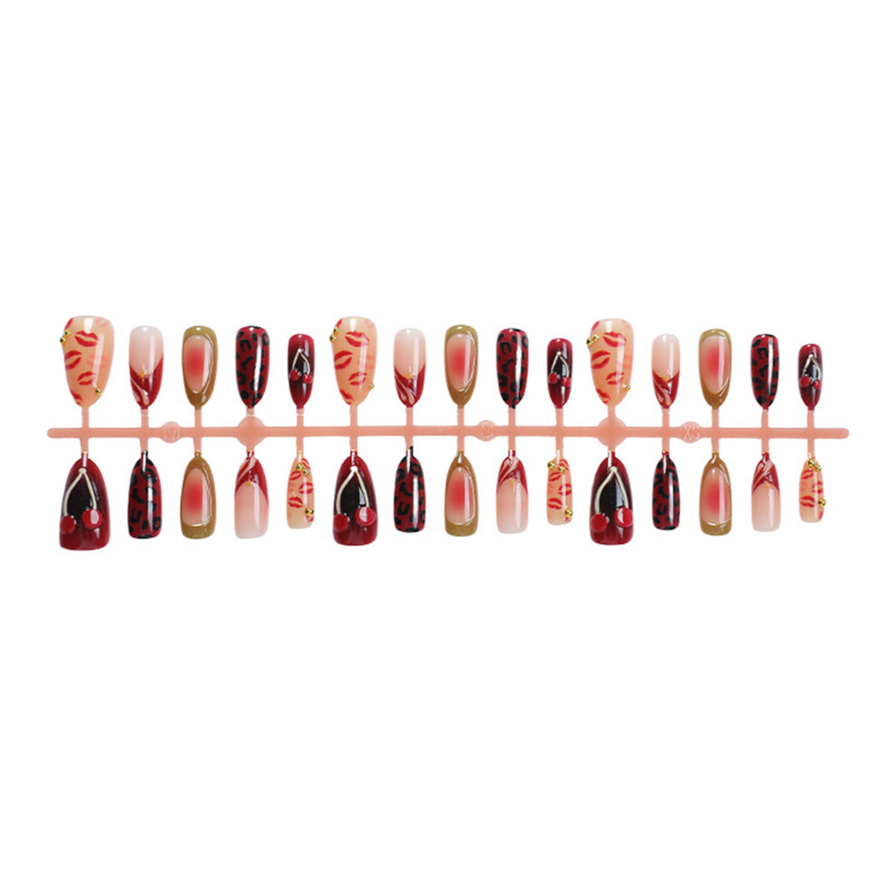 Red (30Pcs, ) 30Pcs Fake Nails, Diy Lips Cherry Leopard Print False Nail Tips Manicure Salon Supplies For Fall Winter