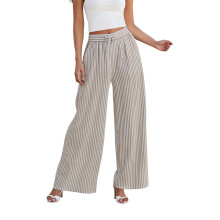 (M, Apricot) Women's Pants Drawstring Elastic Waist Striped Print Causal Wide Leg Baggy Long Trousers with Pockets