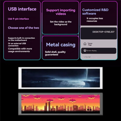 9.16 Inch IPS USB 9Pin Type-C Secondary Screen Case CPU GPU RAM Computer Monitoring USB Display Chassis 1920x480 A