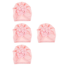 4Stk Baby Turban Mütze Pink Mit Blütenornament Neugeboren