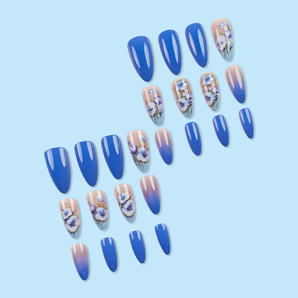 Dcph-Clothing Flower Printed Blue Press-On Nails For Women