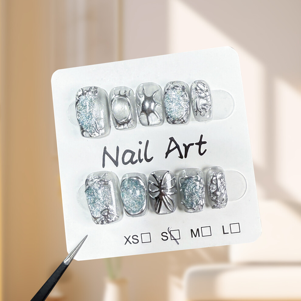 Bright-Home (L) Metal Style Fake Nails With Cat Eyes Decor Easy Effortless Application To Nails For Fingernail Diy Decoration