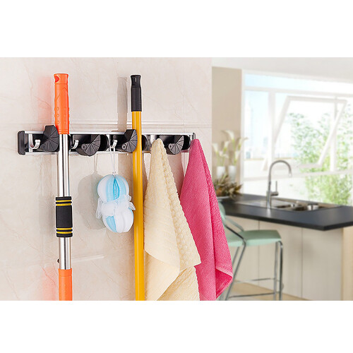 Multi Purpose Storage Container Adjustable Grip Broom Holder Wall Mounted Heavy Duty Tool Storage Rack With Hooks For Garage Kitchen Laundry Room 2