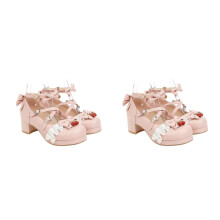 2Pairs Pink Bowknot Fashion Shoes Women Heeled Four Seasons Footwear