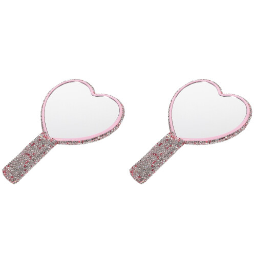 2Pcs Compact Pink Heart Hand Mirror ABS Rhinestone Handbag Mirror
