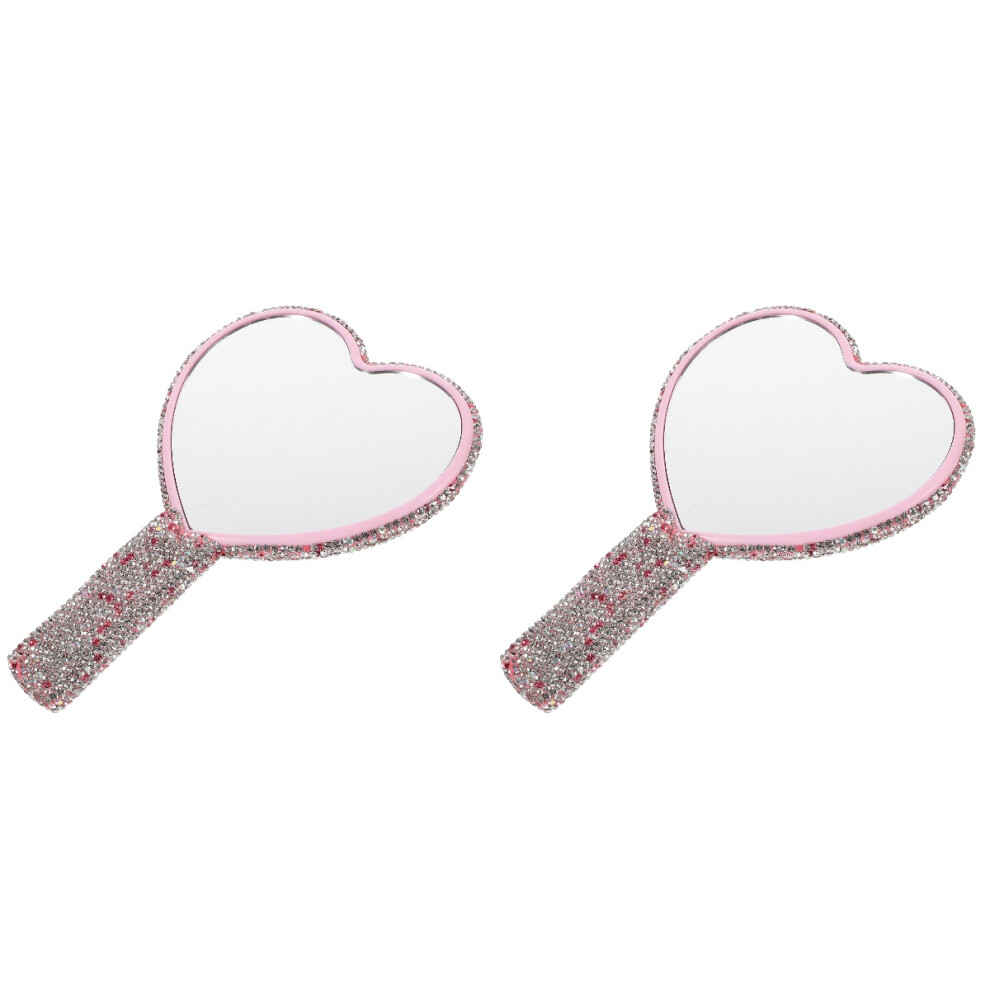 Ohphcall 2Pcs Compact Pink Heart Hand Mirror Abs Rhinestone Handbag Mirror